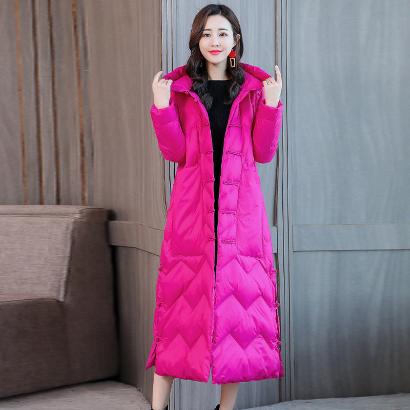 National Style Vintage Down Coat Women X-long White Duck Jacket Button Big Pocket Womens Warm winter Jackets D265 210512