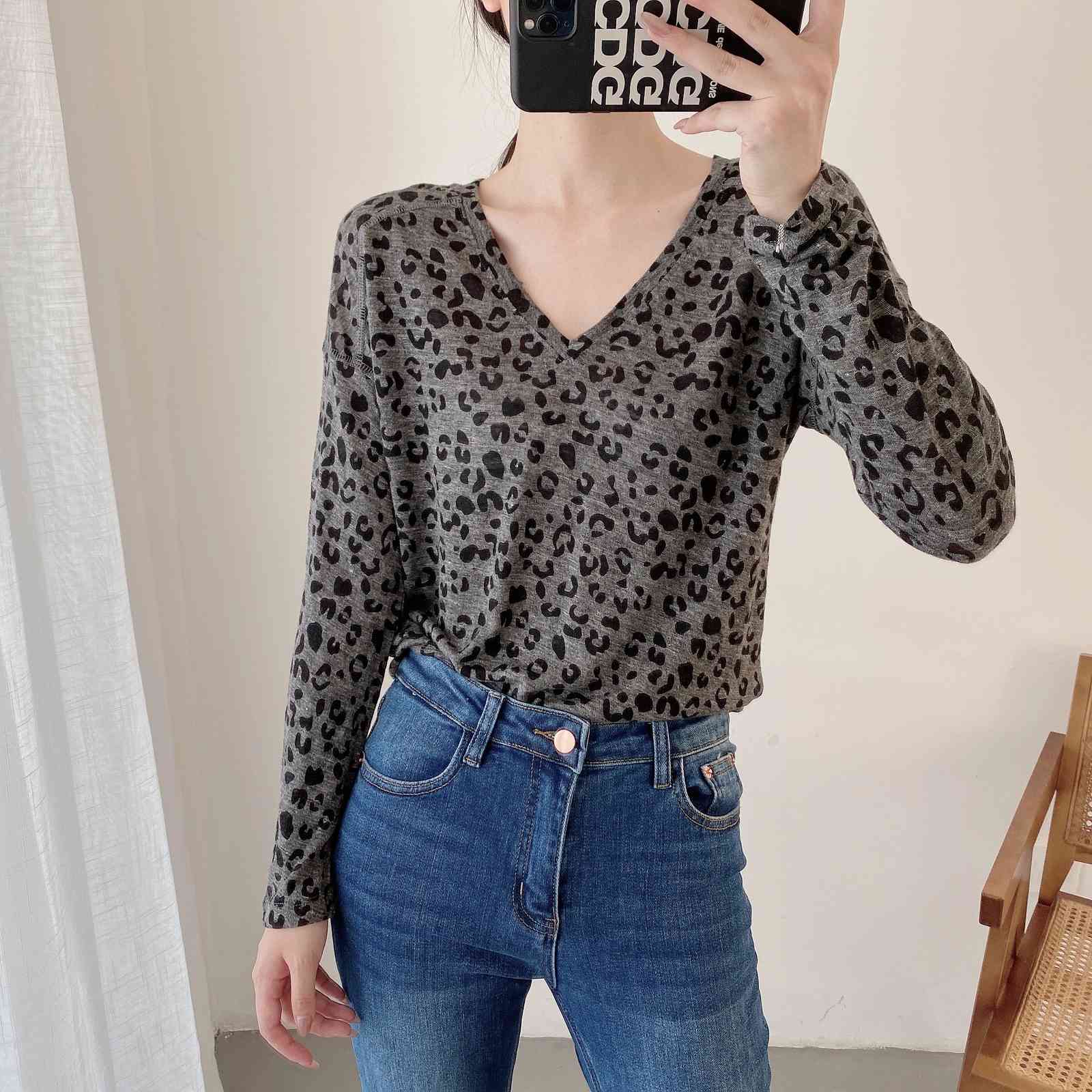 tops Washed Linen Tencel Leopard Print V-neck Long Sleeve T-shirt Women Zd8n