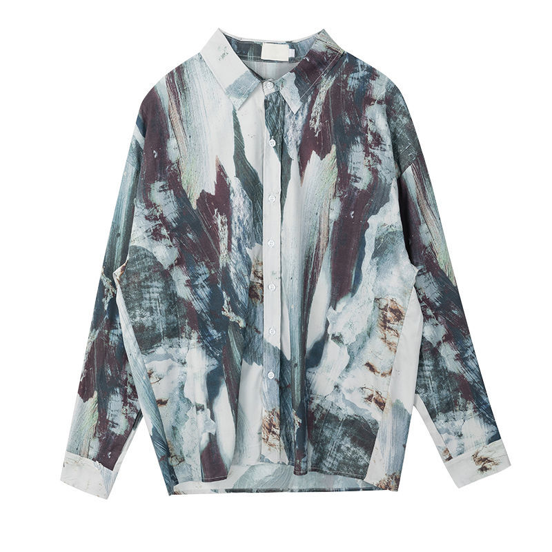 Chic Casual Abstract ink printing Long Sleeve Women Blouse Tunic Shirt Turn-Down Collar Loose Spring Oversize Ladies Tops 210521
