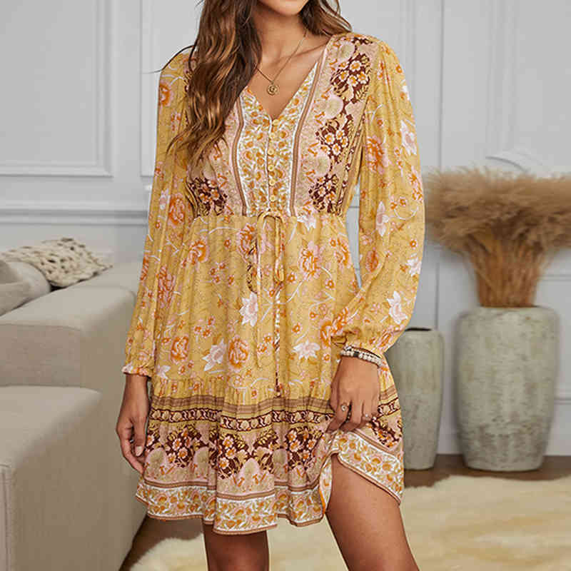 Women Ruffle Bow Tie Mini Floral Print Dress Vintage Long Sleeve Casual Loose Pleated Dress Ruffles Dress Vestidos 210521, Yellow
Women Ruffle Bow Tie Mini Floral Print Dress Vintage Long Sleeve Casual Loose Pleated Dress Ruffles Dress Vestidos 210521, Yellow