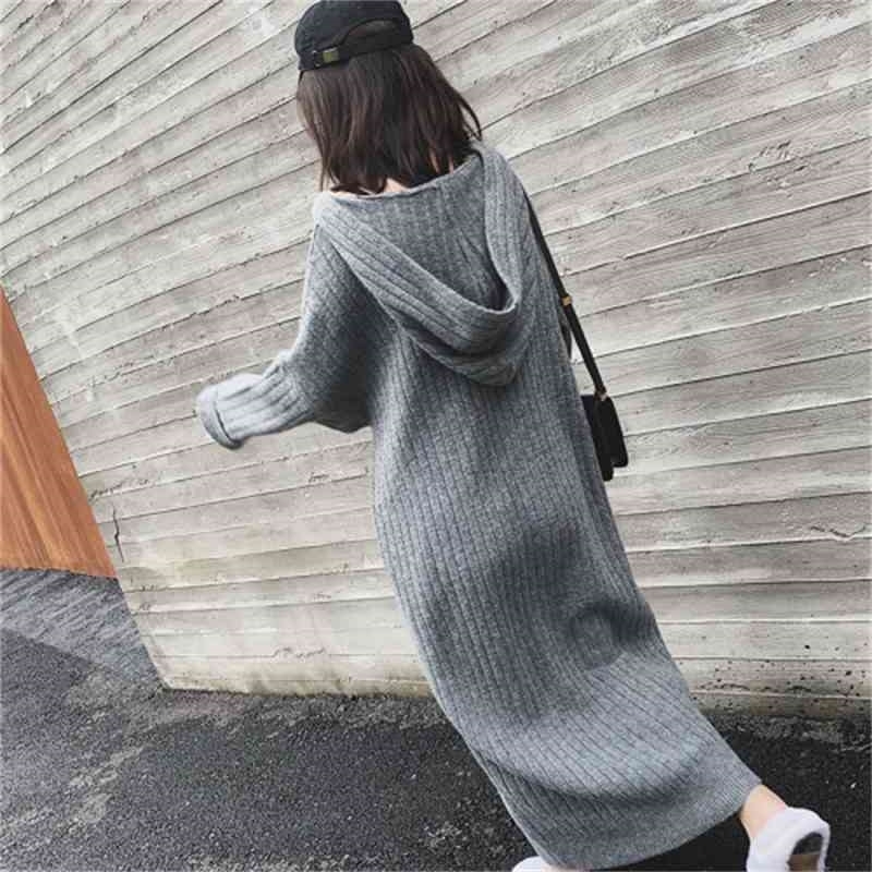 Autumn Hooded Thicken Long Knitted Dresses Ladies Loose Casual Slim Fit Korean Style Maxi for Women Winter Clothes Mujer 210604