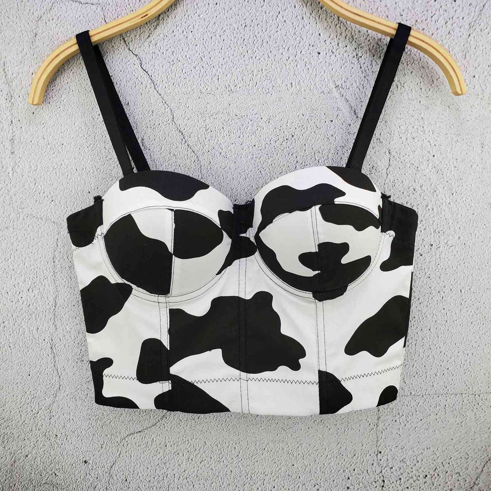 Spring and Summer Fashion Cow Print Camisole Cute Gathered Slim Stretch Women Sleeveless Short Bustier Corest Crop Tops S217 210527