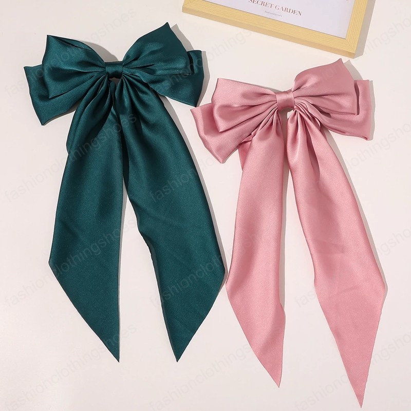 2021 Fashion Bowknot Streamer Hairpin Woman Girls Satin Ribbon Barrette Bow Back Head Spring Clip Headwear Female Hair Accessories