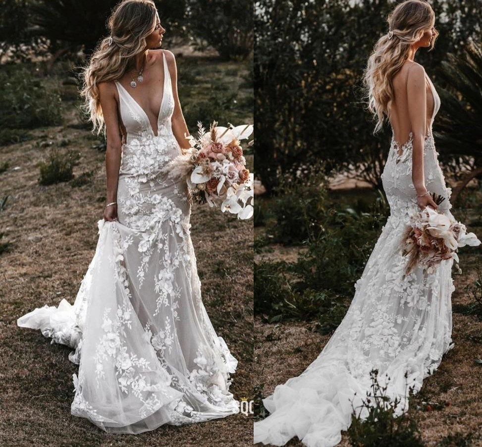 Mermaid Sexy Backless Wedding Dresses Deep V Neck D ral Applique Sweep Train Custom Made Beaded Lace Boho Beach Country Bridal Gown Vestido De Novia e