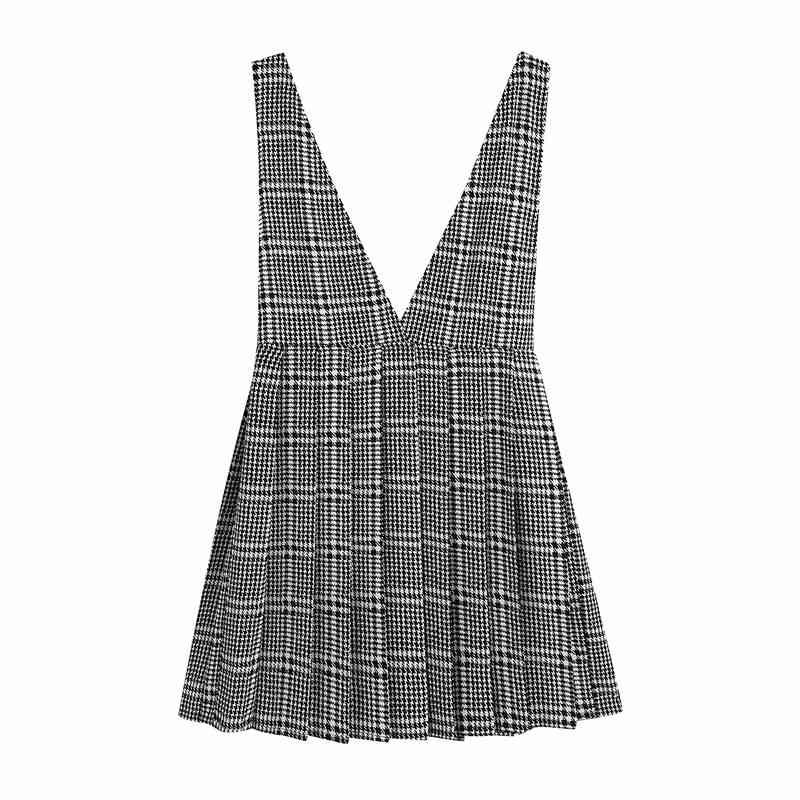 Elegant Women Grey Plaid Dress Fashion Ladies V-Neck Pleated Mini Vestidos Streetwear Female Chic Suspenders Dresses 210430