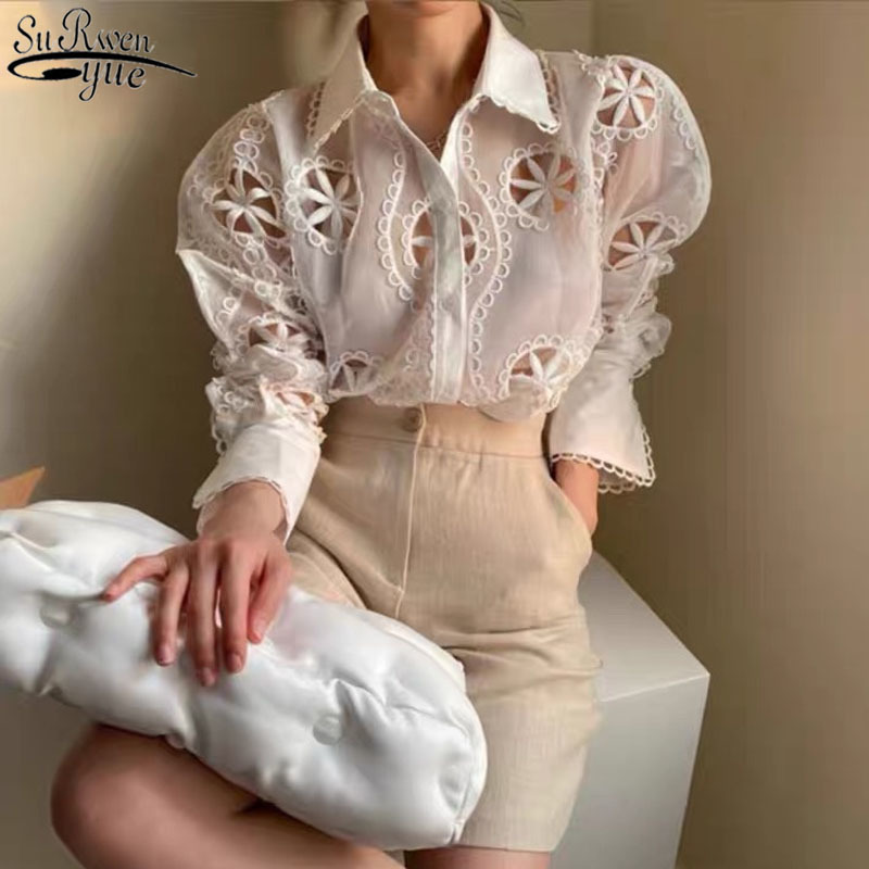 White Lace Blouse Floral Embroidery Shirt Spring Hollow Out Tops Plus Size Sexy See Through Long Sleeve Blusas 13369 210508