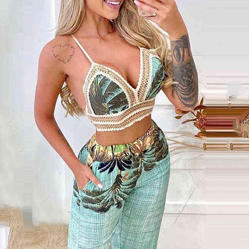 Summer Women Sexy Two Piece Holiday Wear V Neck Sleeveless Tropical Print Lace Trim Crop Top & Slit Casual Long Pants Set 211105