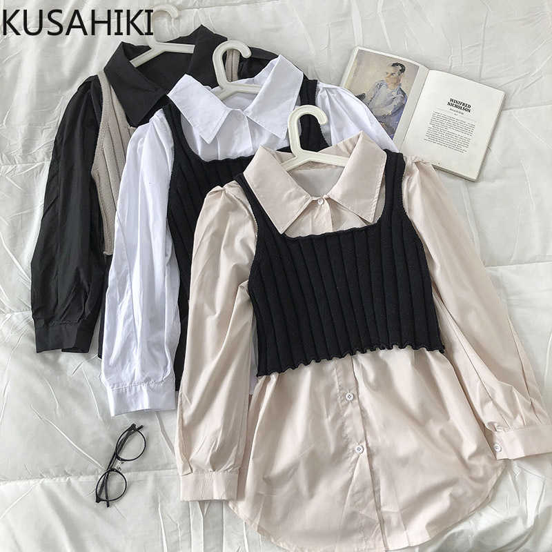Korean Causal Women Two Pieces Sets Long Sleeve Turn-down Collar Blouse Shirt + Knitted Sling Short Vest Suits 6E468 210603, Black
Korean Causal Women Two Pieces Sets Long Sleeve Turn-down Collar Blouse Shirt + Knitted Sling Short Vest Suits 6E468 210603, Black
