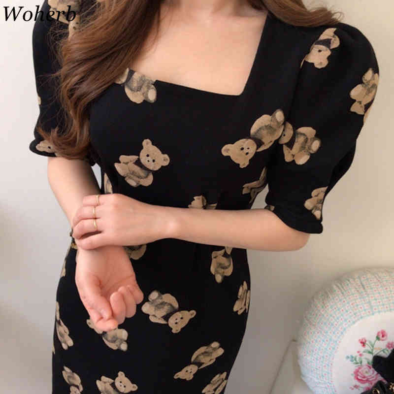 Chic Elegant Maxi Dress Woman Square Collar Print Cartoon Bear Vestidos Sweet Puff Sleeve Lace Up Slim Dresses Women 210519