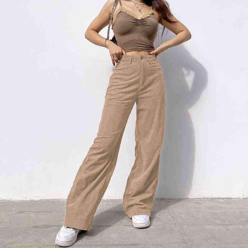 Brown Corduroy Pants Women Harajuku Cargo Y2K Retro Trousers Spring Low Waisted 90S Streetwear Oversize 3XL 211115