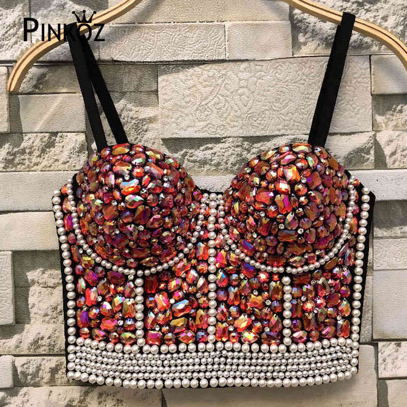 Sexy pearl beading Squined Top Rave Festival Glitter Bustier Silver Tank Party Night Club Handmade Vest Diamond Bra 210421
