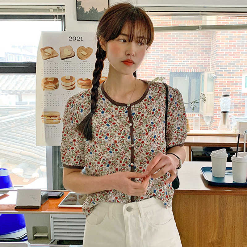 Korejpaa Women Shirt Summer Korean Chic Retro Round Neck Edging Single-Breasted Loose Versatile Floral Puff Sleeve Blouses 210526