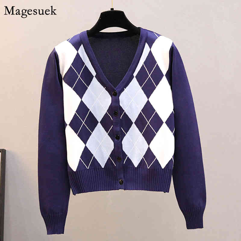 Autumn Long Sleeve Vintage Argyle Sweater V-Neck Short Plaid Woman s Winter Knitted Cardigan Tops 11718 210512