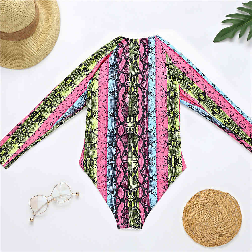 Sexy Corlorful Snake Print Swimsuit Long Sleeve Swimwear Women Lace Up Monokini Bathing Suit Beachwear Female 210520