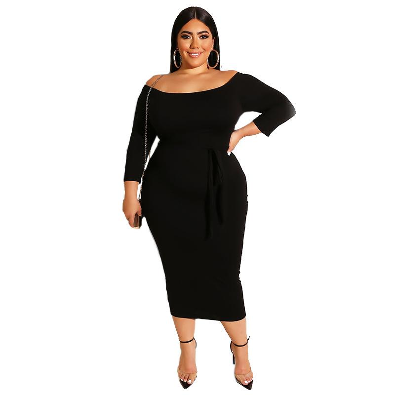 Casual Dresses Summer Fall Solid Plus Size Women Dress Slash Neck Long Sleeves Stretchy Mid Calf Bodycon For Party Nightclub