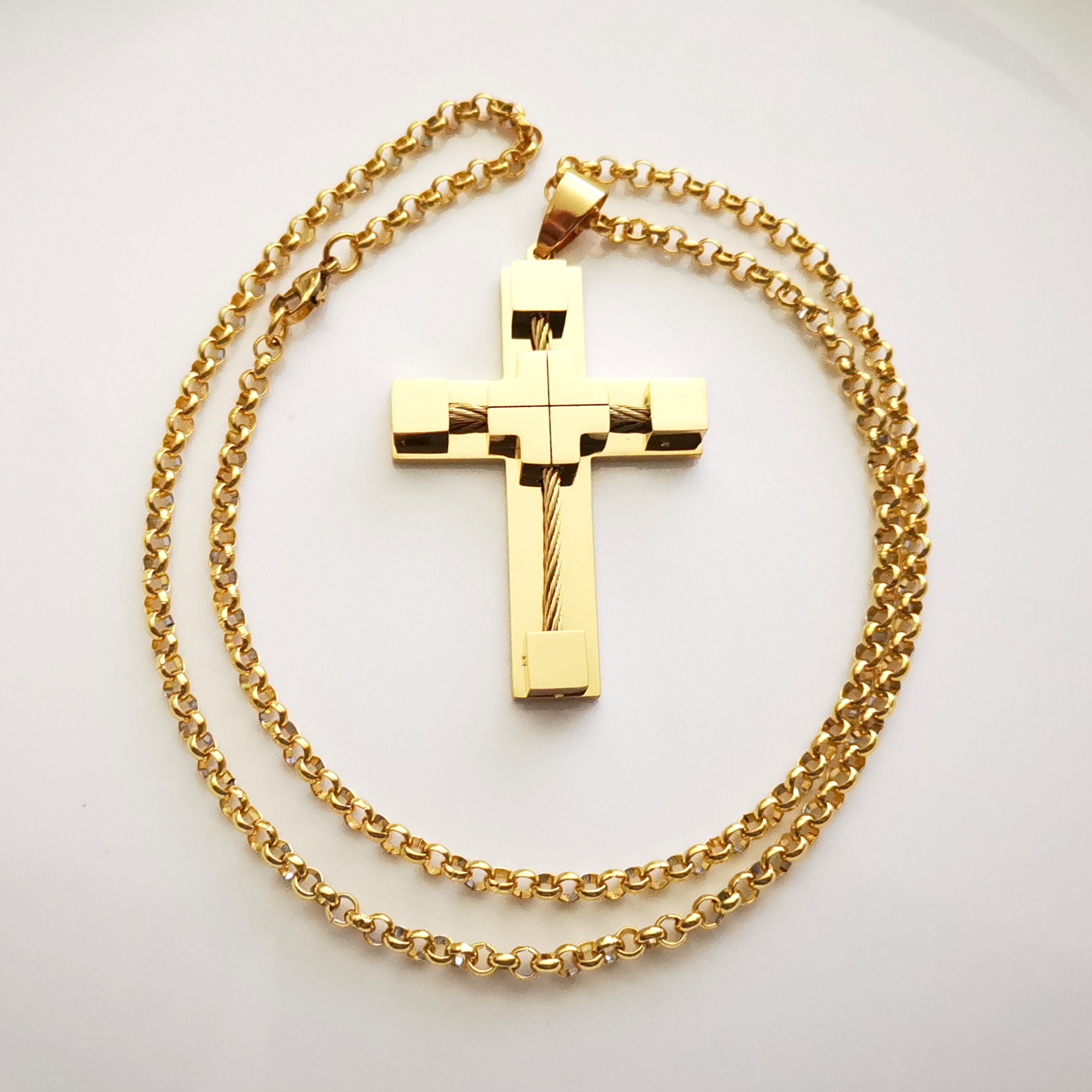 Men's Cross Necklace 316L Stainless Steel Jesus Christ Pendant White/Gold/Rolo Chain Jewelry 4MM 24 INCH