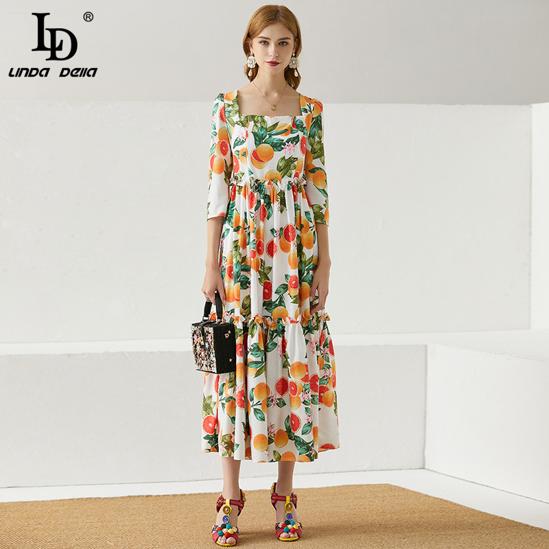 Bohemia Vacation Midi Dress Women Fashion Runway Summer Square collar Red pomelo Print Vintage cotton 210522