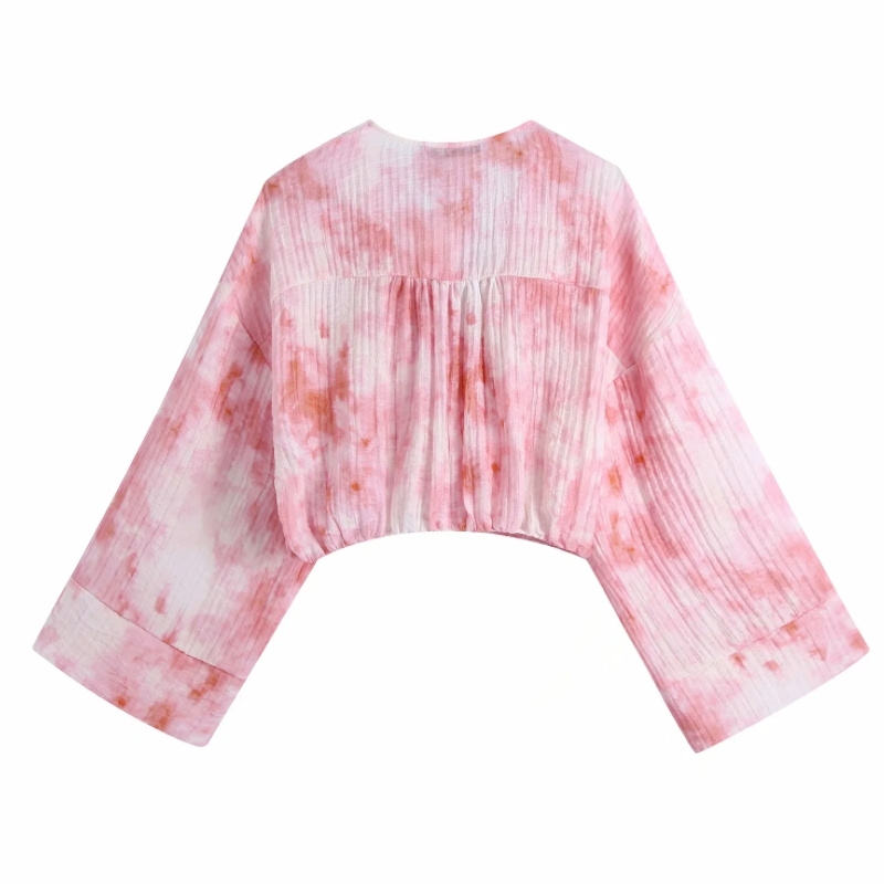 Summer Women Tie Dye Printing Deep V Neck Short Shirt Female Nine Quarter Sleeve Blouse Casual Lady Loose Tops Blusas S8915 210430
