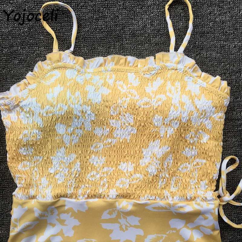 Yojoceli summer spring holiday floral print bodysuit women shirred bodycon boho beachwear bikini 210609