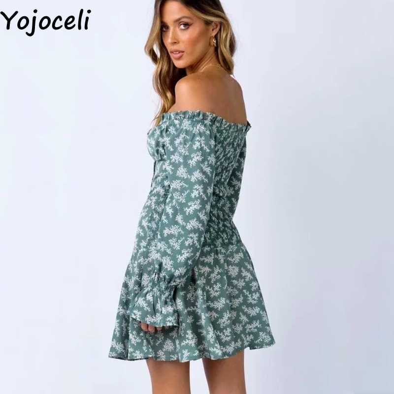 Yojoceli Sexy off shoulder elegant print dres Autumn ruffle short beach female Casual cool party vestidos 210609