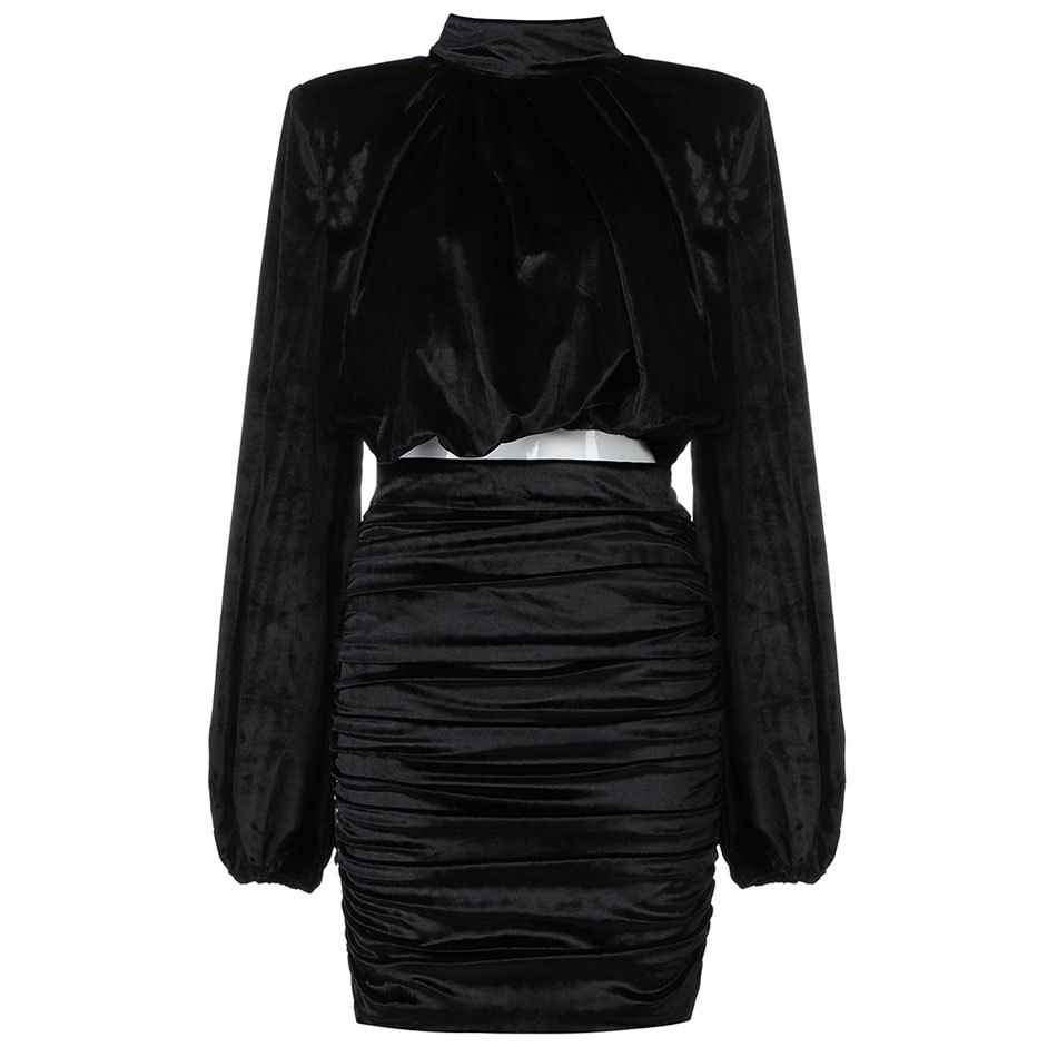 Free Black Velvet Suit Women High Neck Lantern Sleeve Short Top & Draped Mini Skirt Club Party 2 Two Piece Set 210524