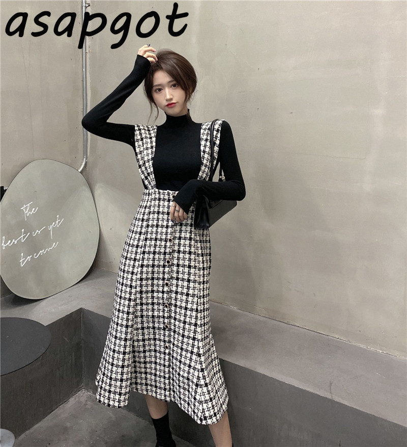 Temperament Slim Plaid Tank Dress Women Autumn Winter Retro Mermaid Turtleneck Puff Sleeve Tshirt Fashion 210429