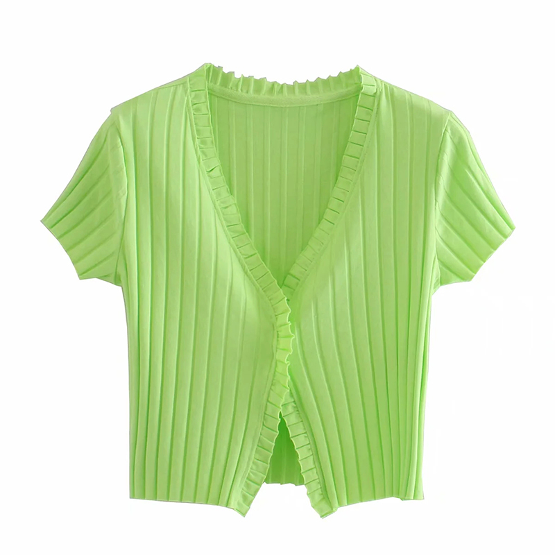 Women Crop Sweet Short Blouse Solid Knitted Cardigan Shirt Stretch Slim Ruffle Sweater Sexy Club Basic Ribbed Tanks Crop Tops 210521wtt