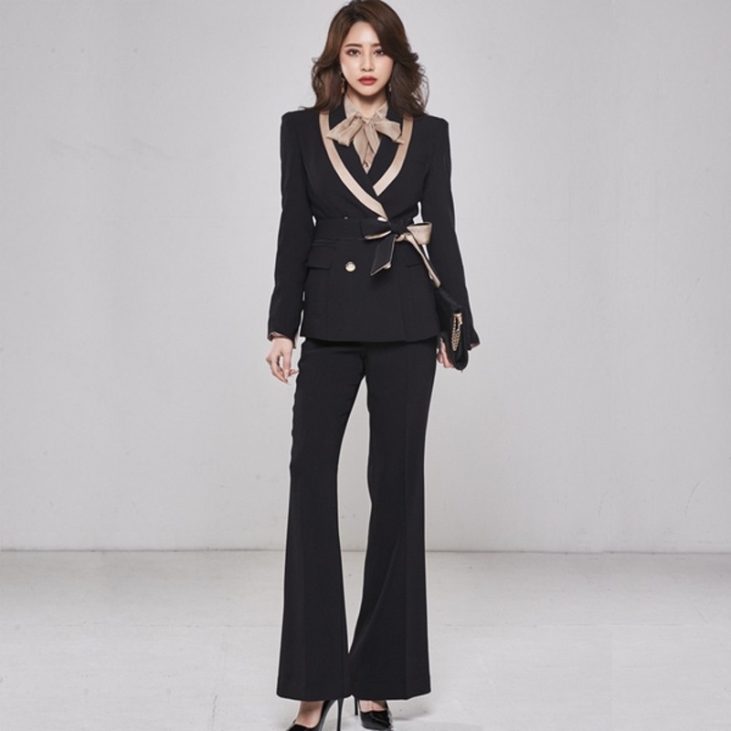 High Quality Spring Women Elegant Business Office OL Double breasted Hit Color Blazer Coat + Waist Flare Pants Suit 210519