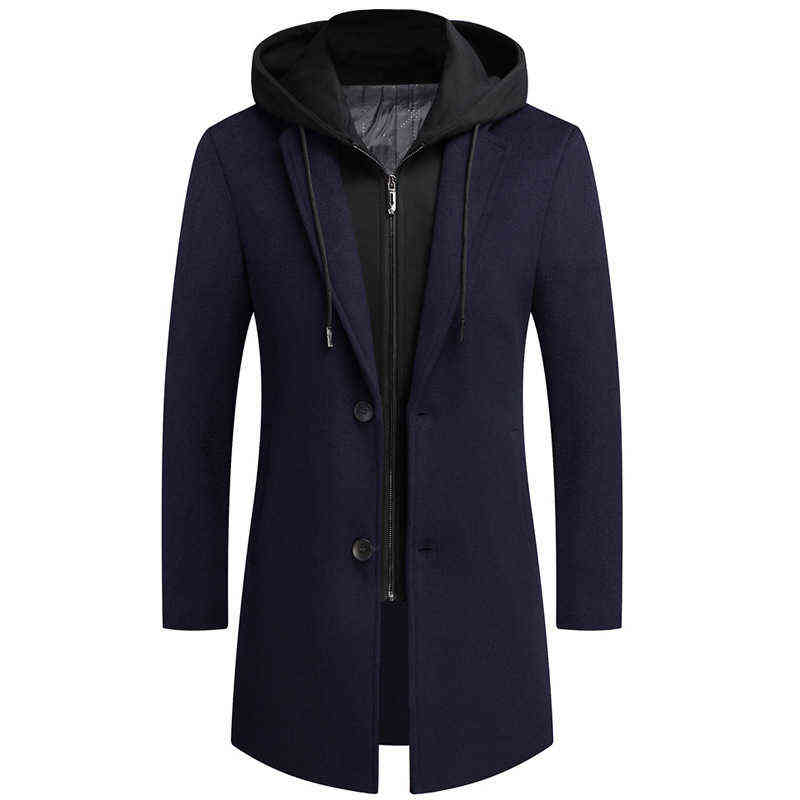 Men's Hooded Wool Blends Business Coats Winter Thicken Warm Windproof Men Woolen Coat Slim Long Casual Mens Clothing 211122