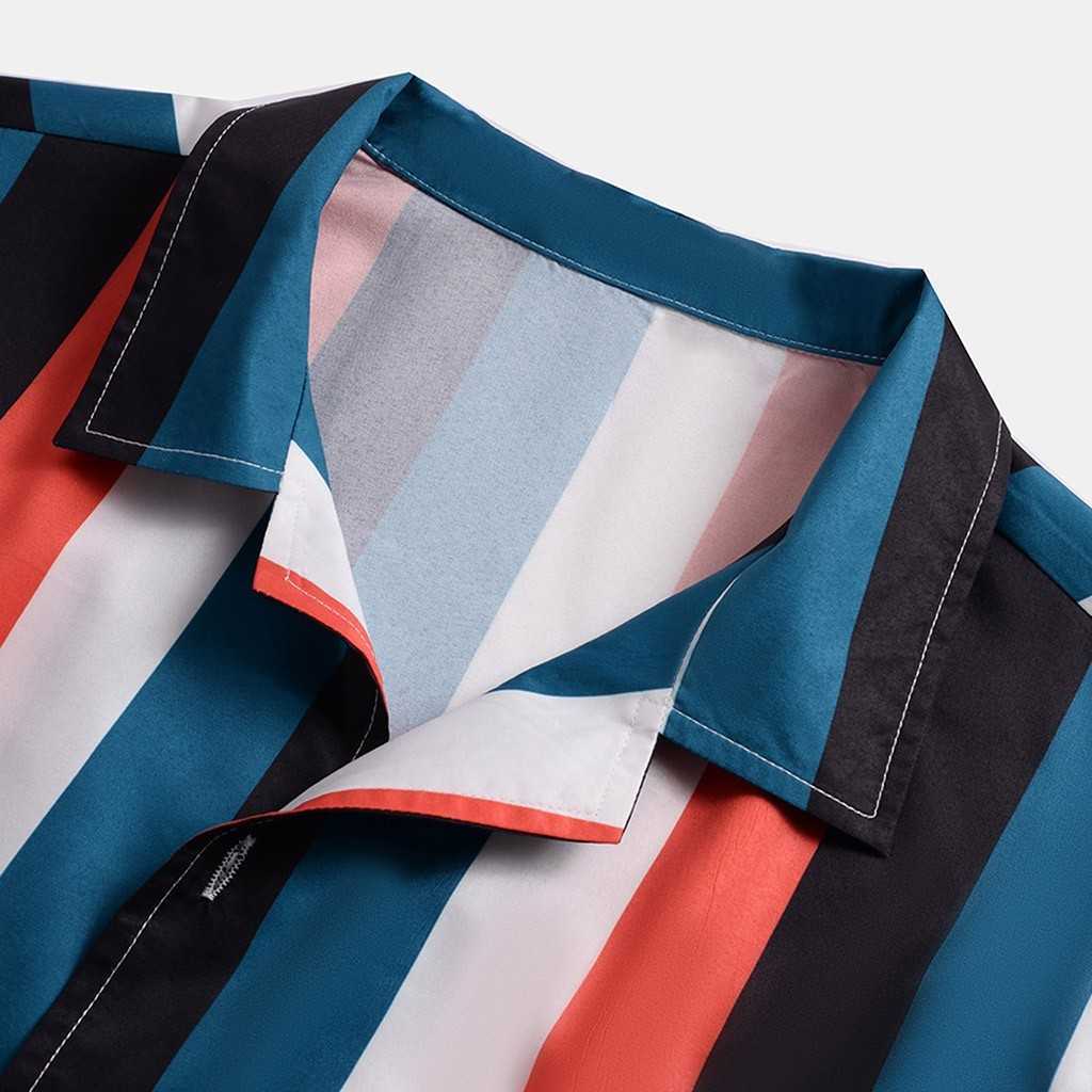 Men's Vertical Stripe Summer Short Sleeve Loose Buttons Hawaiian Casual Shirt Good Quality Men Shirts Loose Plus Size Tops 210527