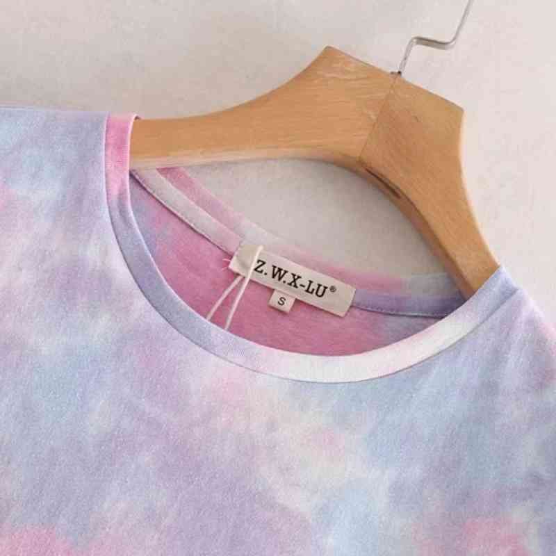 Tie Dye Printing Women Short Sleeve Knitting T shirt Casual Female Loose Tops Summer O Neck Tee Shirt Femme T1166 210430Z