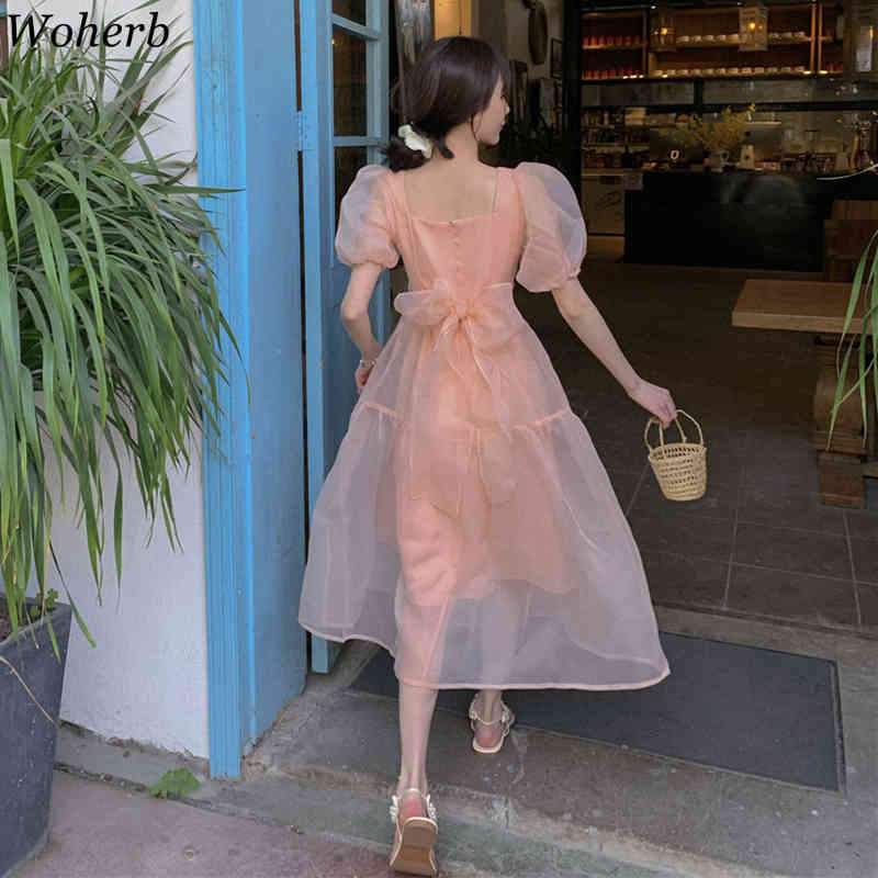 Women Dress Chic Elegant Robe Summer Temperament Gentle Puff Short Sleeve Vestidos Sweet Gauze Korean Slim Dresses 210519