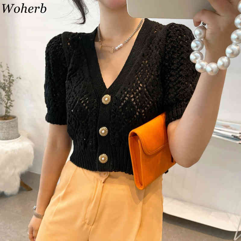 Chic Casual Retro V Neck Short Puff Sleeve Cropped Cardigan Women Hollow Coat Slim Knitted Sweater Tops Pull Femme 210519
