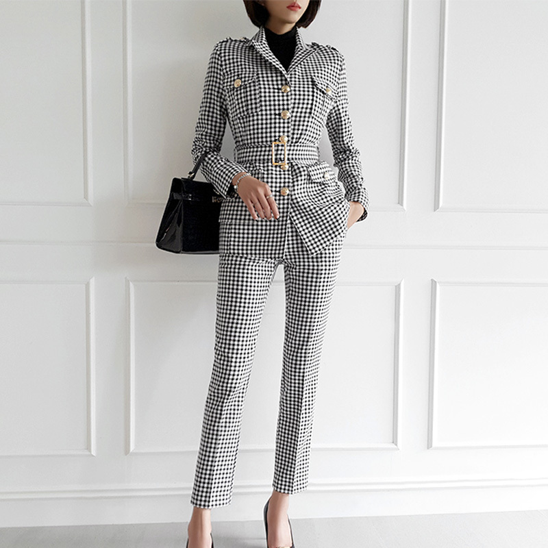 High quality Fashion Office Ladies Plaid Suit Slim Fit Autumn 2 Piece Set Blazer Suits Vintage Business Work Outfits 210506
