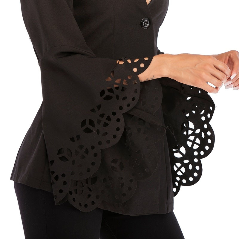 Long Sleeve Hollow Pattern Front One Button Blouse Sexy Stylish Women's Deep V-neck All Matched Black Shirt Blusas Mujer 10302 210518