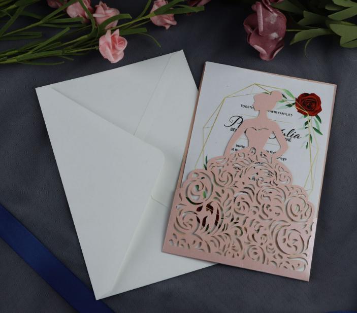 2021 Blush Pink Flower Printing Girl Quinceanera Invitations with Envelope, 20+Color Shiny Princess Sweet Fifteen Birthday Party Invites