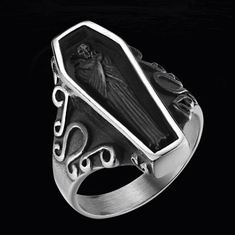 Vintage Men Stainless Steel Ring Portrait Vampire Coffin Ghost Gothic Punk for Male Boyfriend Gift