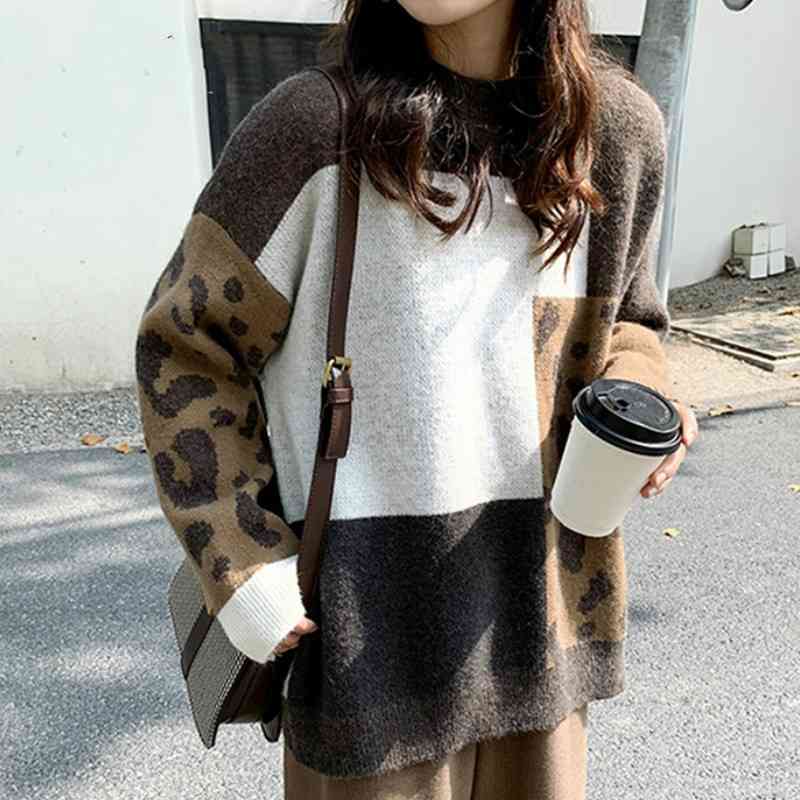 Winter Leopard Print Sweaters Oversized Pullovers Vintage Loose Women Korean Soft Autumn Women's Knitted 210603, Photo color 
Winter Leopard Print Sweaters Oversized Pullovers Vintage Loose Women Korean Soft Autumn Women's Knitted 210603, Photo color