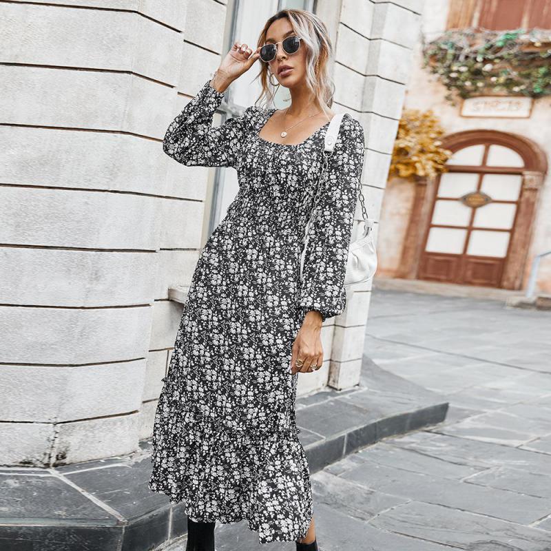 Women Dress Retro Square Collar Printed Bohemia es Sexy Long Print Floral Maxi Plus Size Girl Fashion es 210513