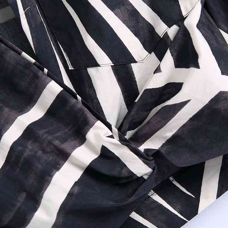 Women Vintage Black White Tie Dyed Printing Hem Knot Short Smock Blouse Female Kimono Shirts Chic Crop Blusas Tops 210521