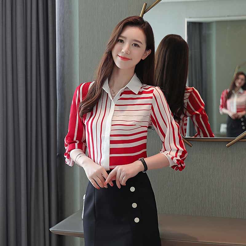 Autumn Korean Long Sleeve Shirts Turn-down Collar Chiffon Blouses Femal Slim Striped Women Tops 6108 210518