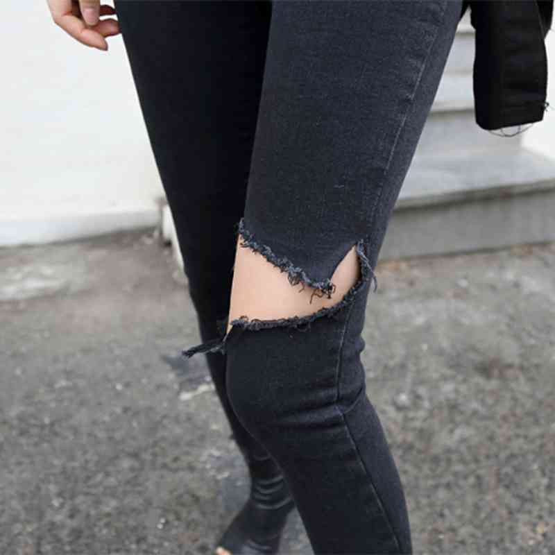 Summer Irregular Stretch Ripped Holes Denim Jeans Women bilack Female Pencil Skinny Tassel High Waist Pants10399 210518
