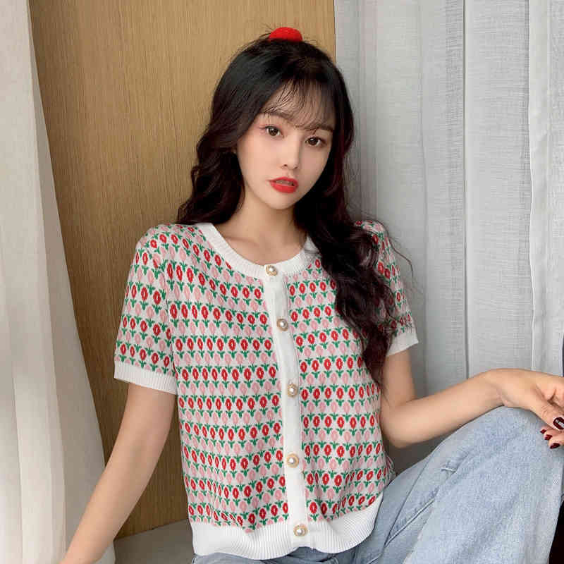 Lucyever Summer women fashion printing O-Neck sweater Casual elastic single-breasted shirt woman Sweet loose Knitted shirt lady 210521