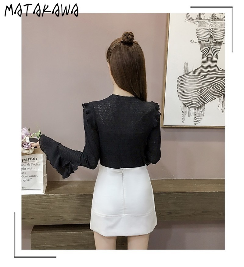 MATAKAWA Korean Pleated Flared Sleeve Blusa Mujer Fashion Chiffon Shirt Female Ruffled All-match Bottoming Shirt Top 210513