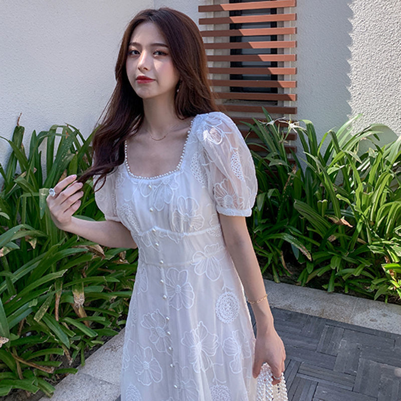 Summer French Vintage White Dress Women Chiffon Square Collar Elegant Embroidery Fairy Lace Dress Korean 210521