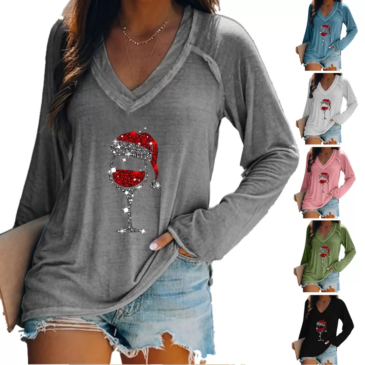 Christmas print long-sleeved T-shirt V-neck wine glass print splicing casual plus size top women's clothing
Christmas print long-sleeved T-shirt V-neck wine glass print splicing casual plus size top women's clothing