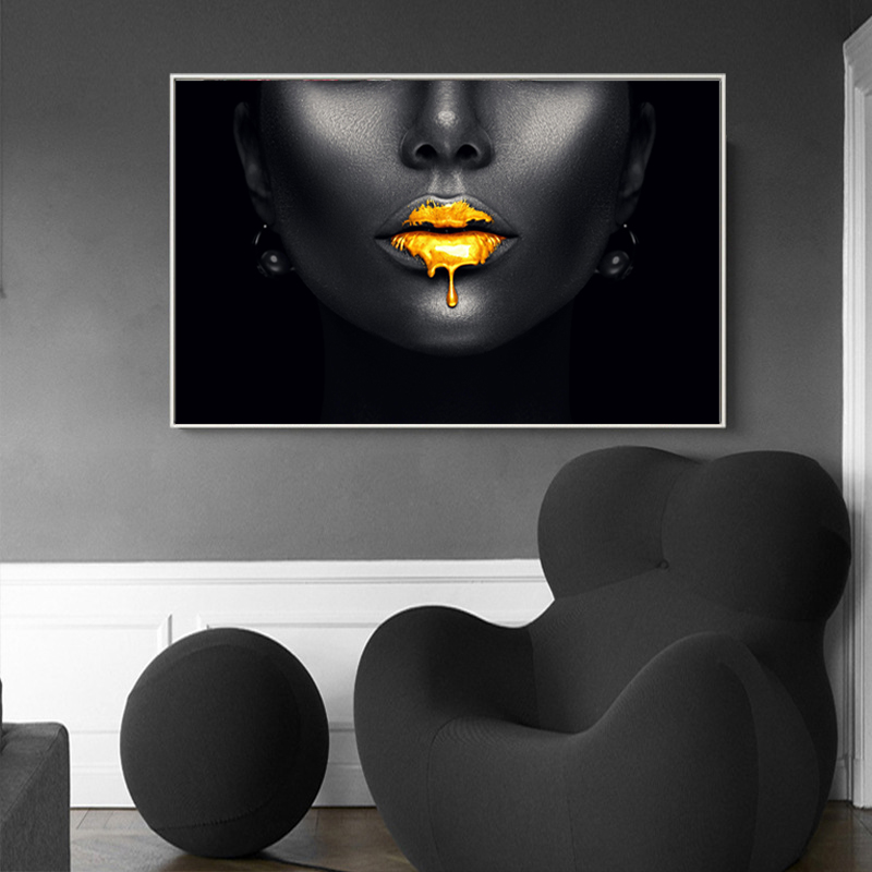 Gold Lips African Black Woman Canvas Paintings on The Wall Art Posters and Prints Black Face Pictures for Living Room
