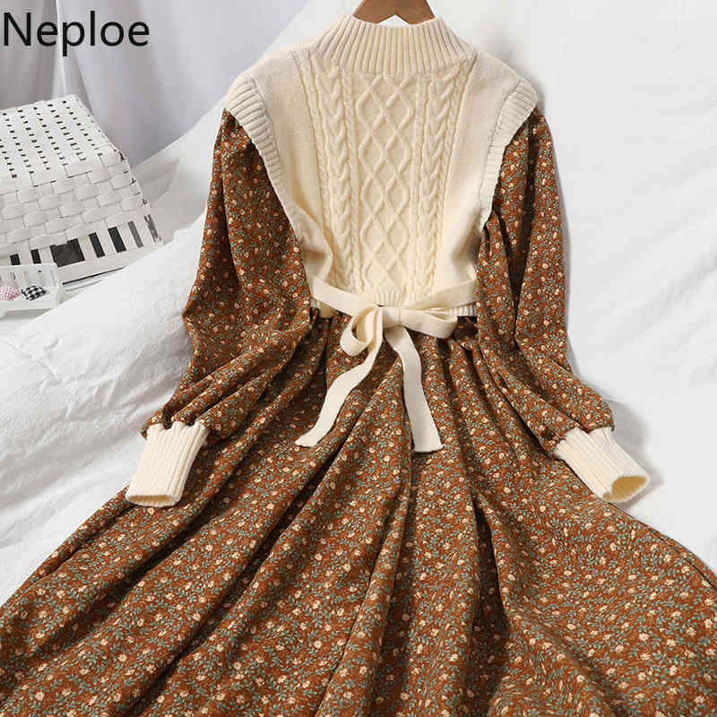 Neploe Patchwork Knitted Crobbed Dresses for Women Temperament Corduroy Floral Vestidos Lace Up Robe Korean Dress Female 210422