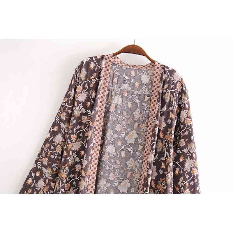 Women Bohemia V neck Location Pteris Flower Print Kimono Shirt BOHO Holiday Beach Long sleeve Cardigan Blouse Tops 210429