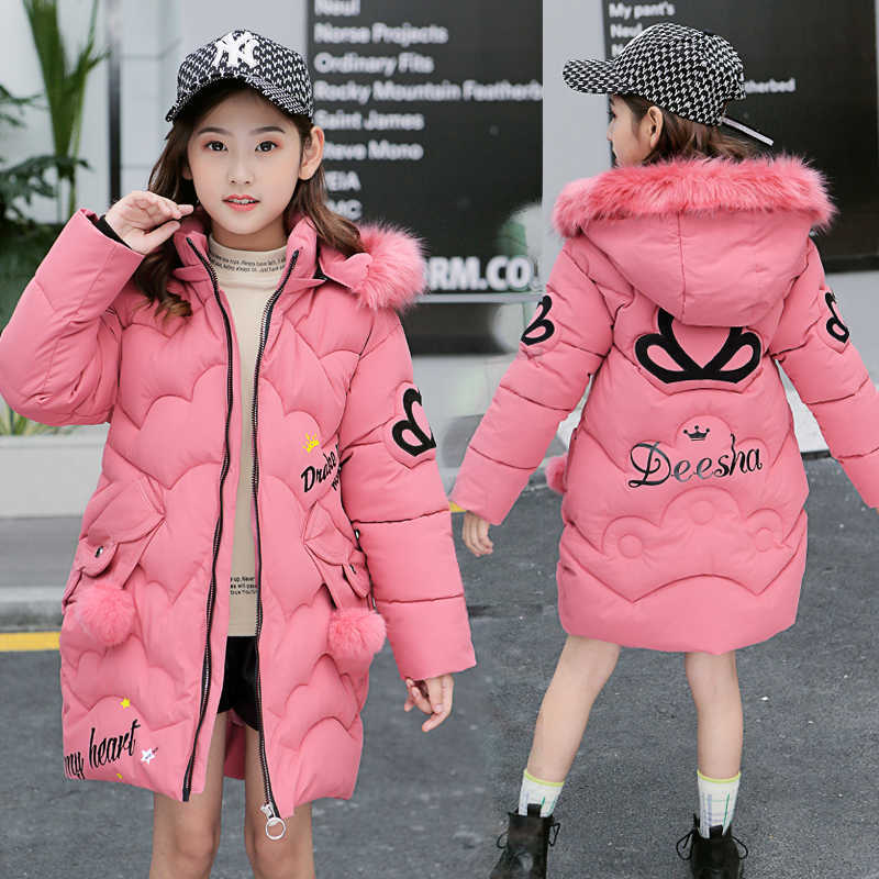 Teen Young Girls Warm Coat Winter Parkas Outerwear Teenage Outfit Children Kids Girls Fur Hooded Jacket for 5 6 8 10 12 Years 210812